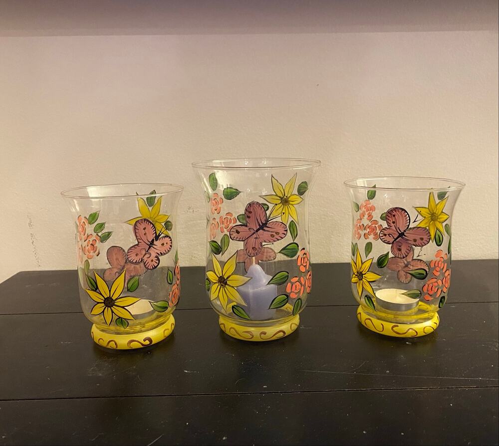 NWOT Hand Painted Glass Candle Holders, set of 3